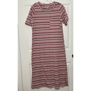 POLAGRAM Lounge Pink Striped Casual Midi Short Sleeve Dress | size small